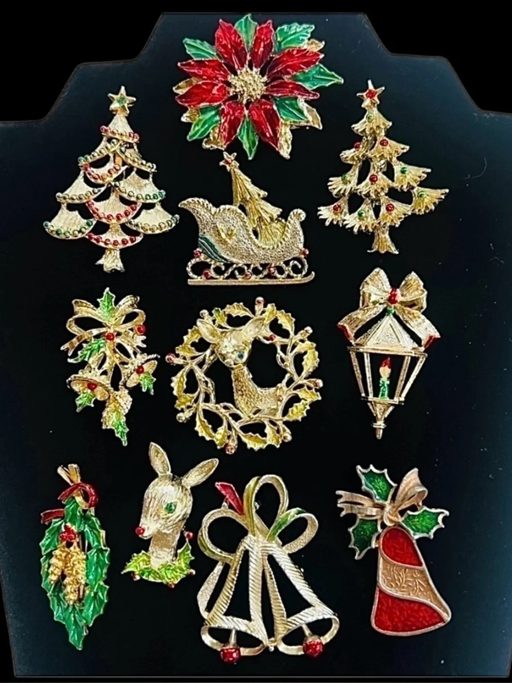 Christmas Brooches Signed Gerry’s‎ Rhinestones Enamel Vintage EUC